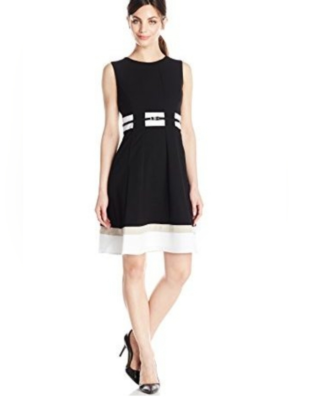 Calvin Klein Dress Womens Size 4 Black White Tan Lined Career Fit & Flare Dressy